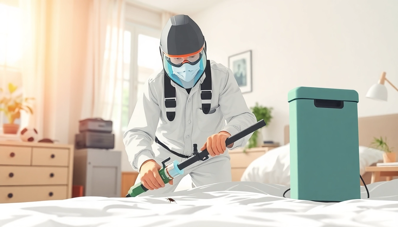 Bed bug exterminator applying treatment in a clean, organized bedroom setting with advanced equipment.