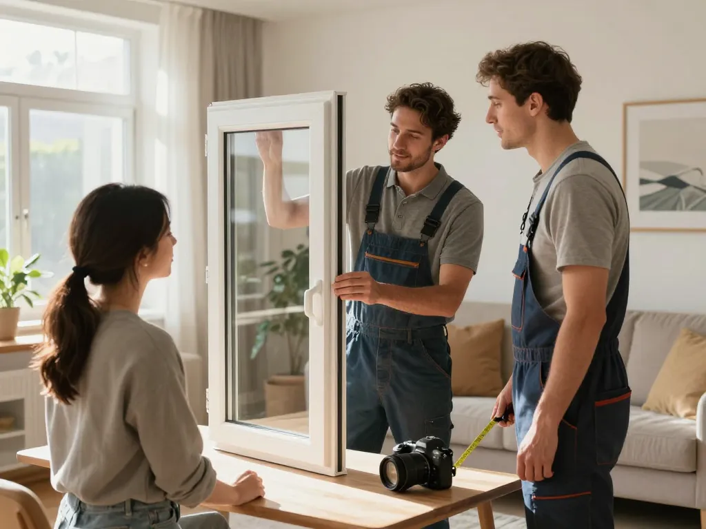 Professional window replacement services NH in a cozy living room, homeowner consulting with contractor about new energy-efficient window installation.