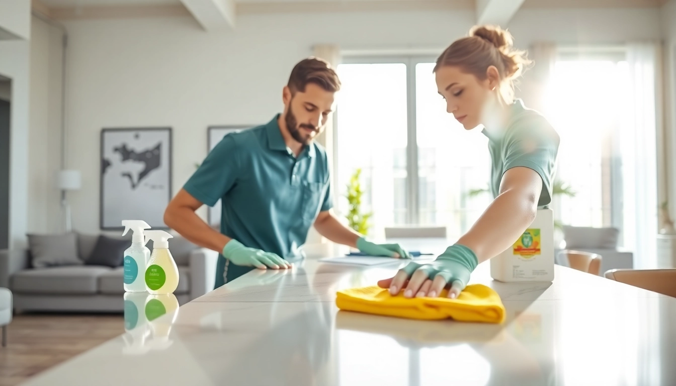 Clean and organized kitchen showcased by a professional cleaning service in action, highlighting efficiency.