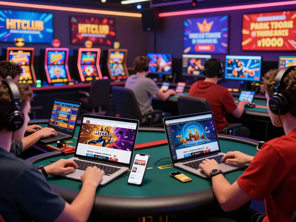 Players immersed in HITCLUB online gaming, featuring poker and slot games, vibrant digital casino ambiance.