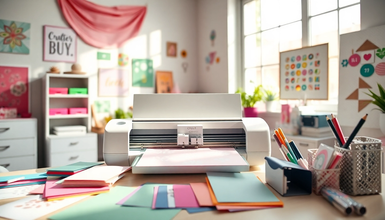 Cricut SVG cutting machine in a vibrant craft room with colorful cardstock.