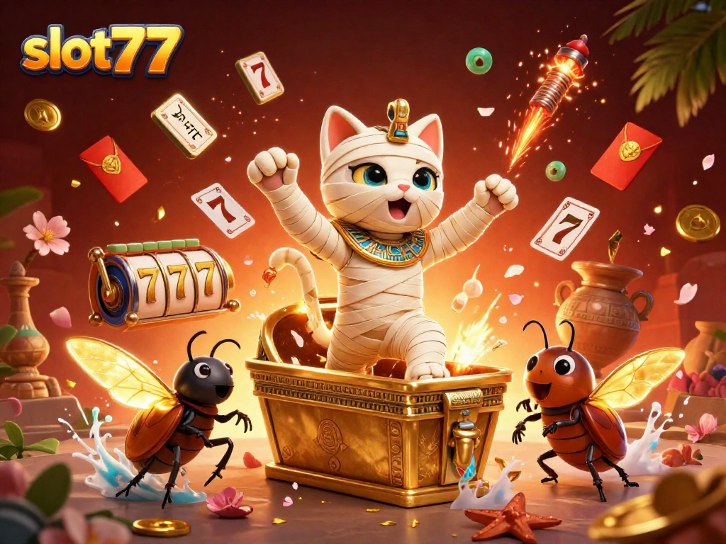 Spin to win with slot777 in a vibrant Egyptian pyramid casino scene featuring unique characters and rich elements.