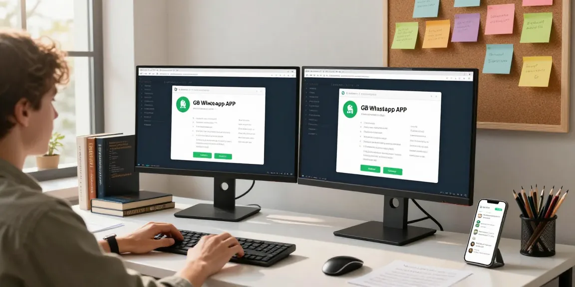 Showcasing the GB WhatsApp APK in a productive tech workspace with modern desks and dual monitors.