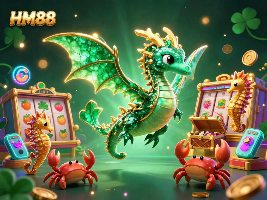 Engage with HM88's dynamic gaming realm filled with emerald treasures and vibrant slot machines.