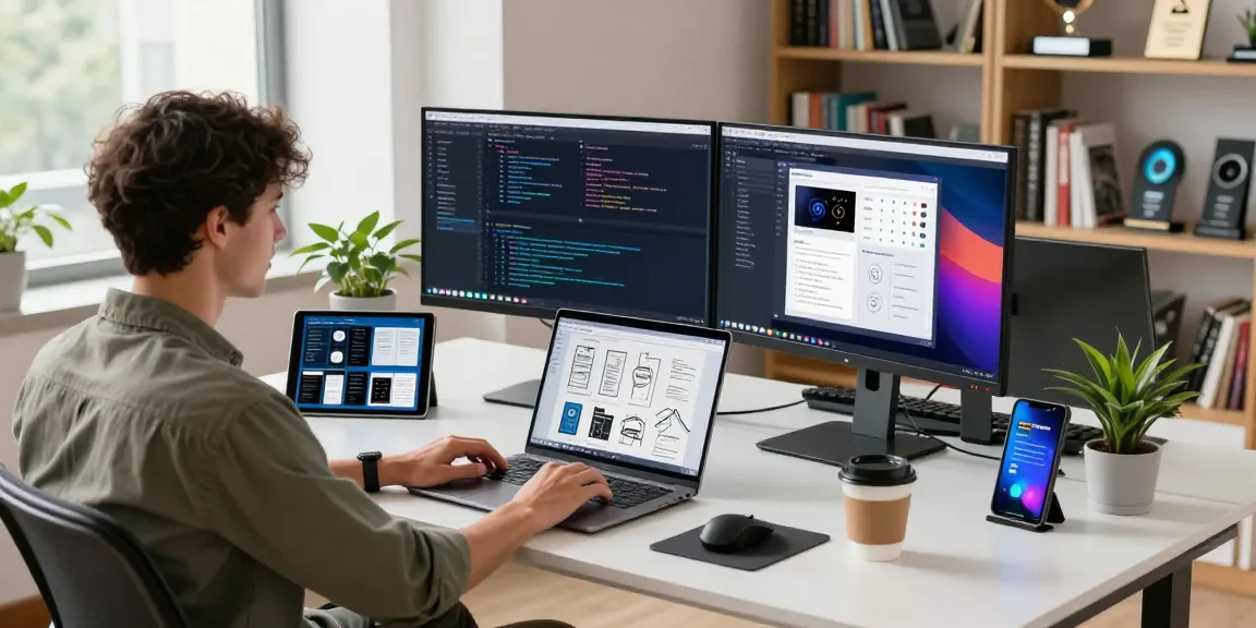 Dynamic developer workspace at 纸飞机中文版官网 with code and tech gadgets, showcasing modern office productivity.
