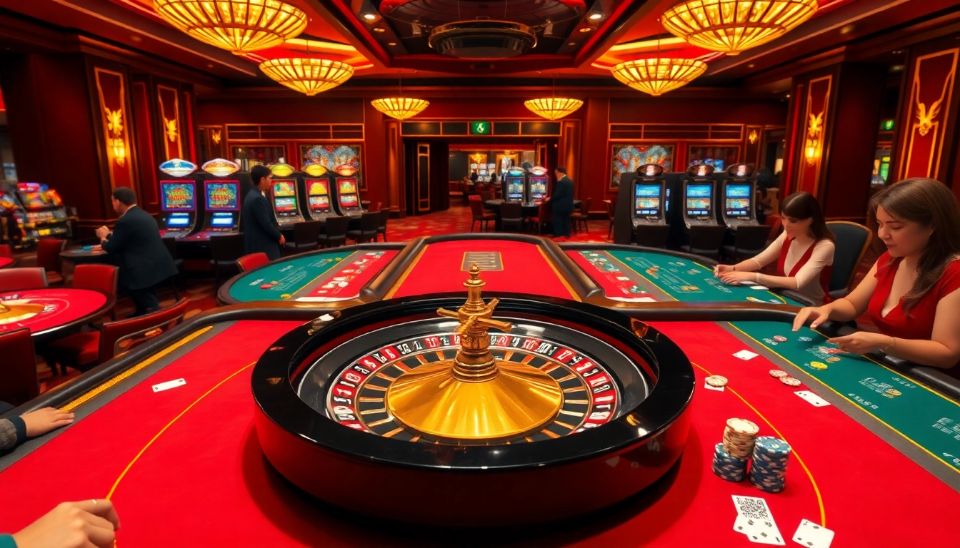 Experience the thrill of God345 casino with vibrant gaming tables and a luxurious roulette wheel.