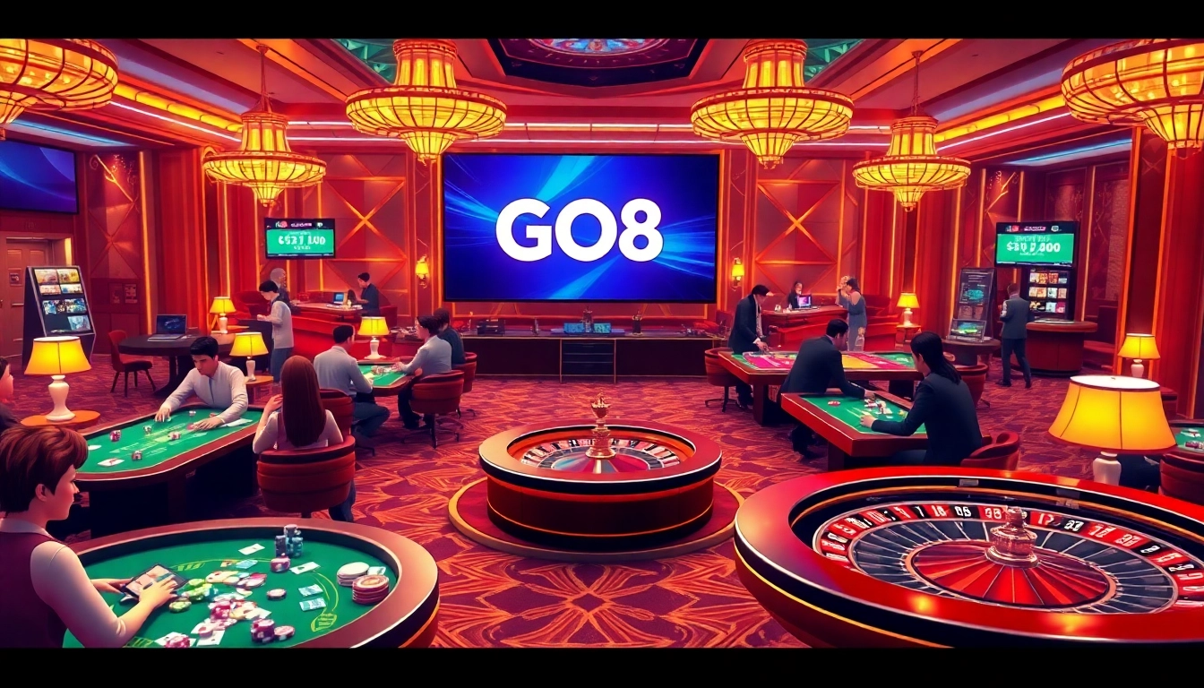 Players winning at a casino table in a luxurious setting featuring GO8-themed visuals.