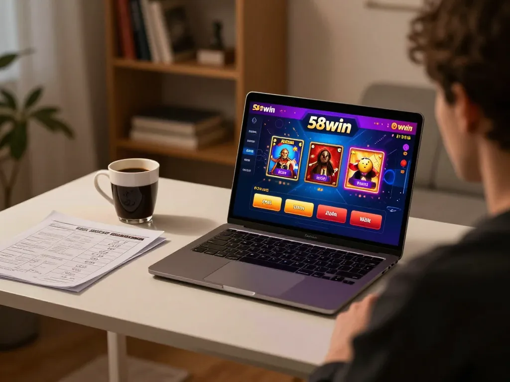 Engaging 58win online gaming experience with a user at a desk enjoying fun casino games.
