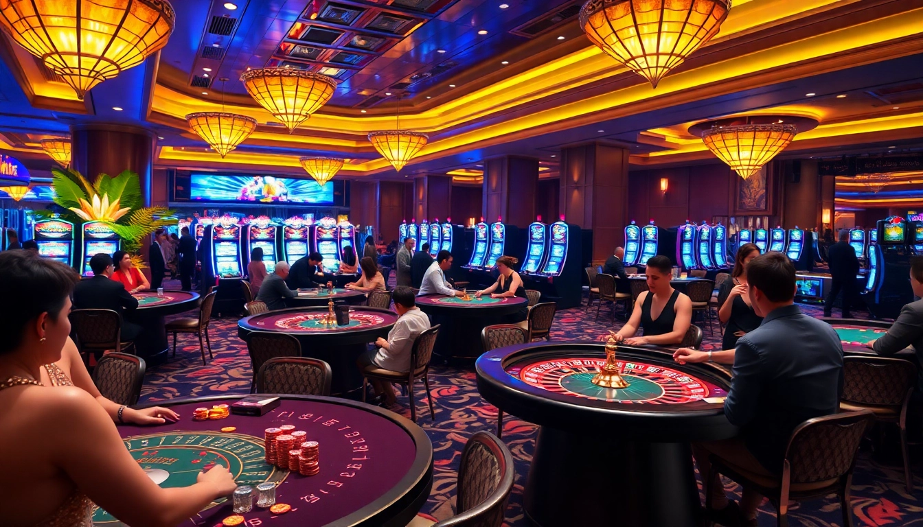 Nohu-themed casino scene showcasing lively poker games and vibrant slot machines, capturing the thrill of winning.