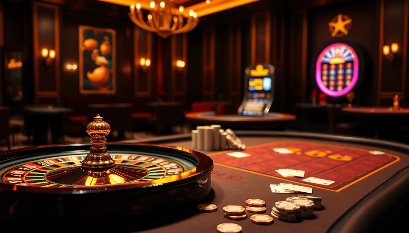 Experience the thrilling atmosphere of rr88 with luxurious casino elements like roulette and poker setups.