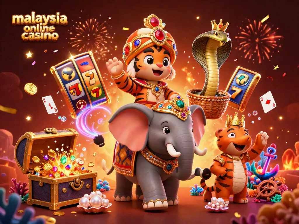 Experience the excitement of malaysia online casino with a vibrant 3D scene featuringslot elements and celebratory decorations.