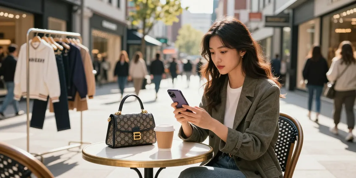 Woman shopping casually on her smartphone at a trendy 레플리카 쇼핑몰.