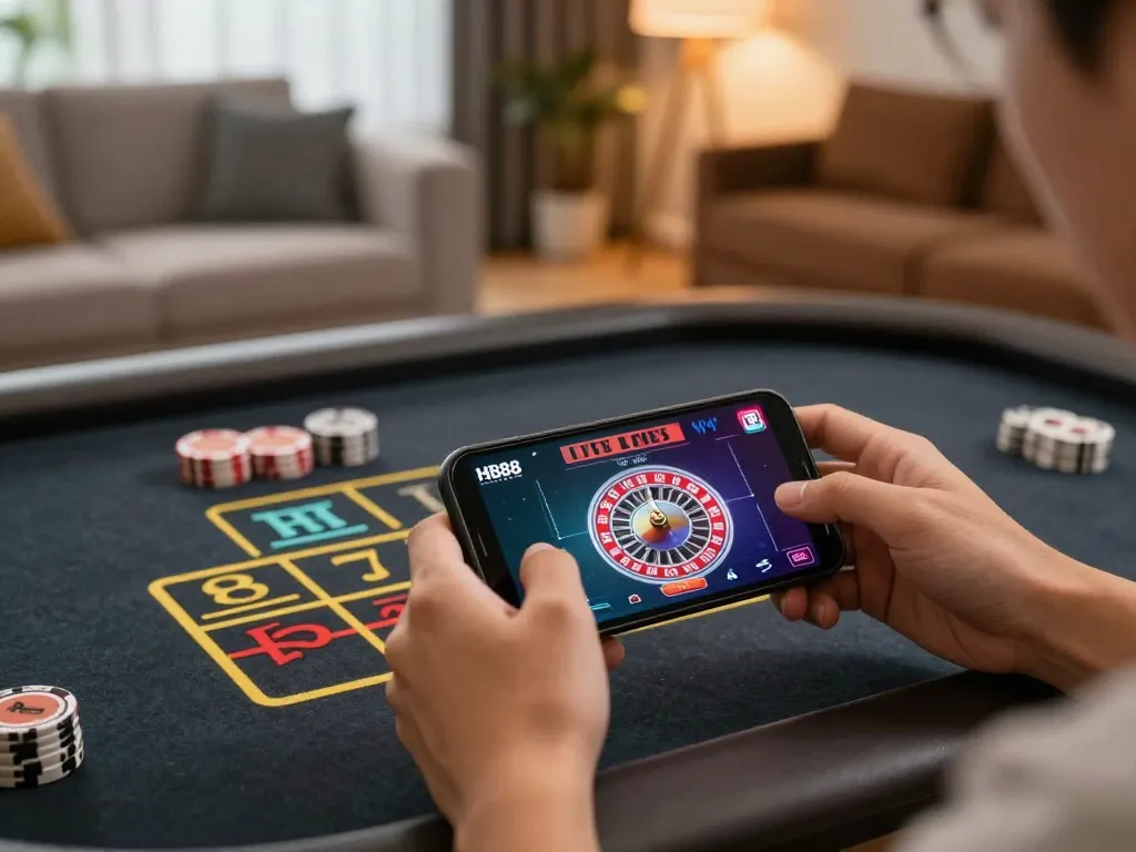 Engaging with hb88 app for mobile roulette game, immersive gaming experience in a cozy setting