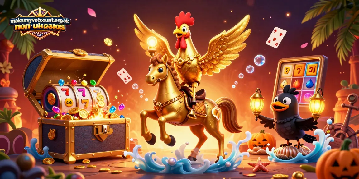 Using makemyvotecount.org.uk non uk casinos, a golden rooster riding a spectral horse in a dynamic casino scene.