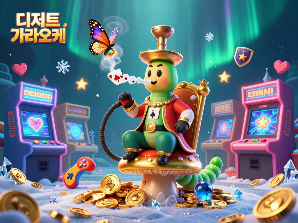 디저트 가라오케에서 환상적인 노래방 음악과 함께 화려한 게임 요소가 조화를 이루는 장면