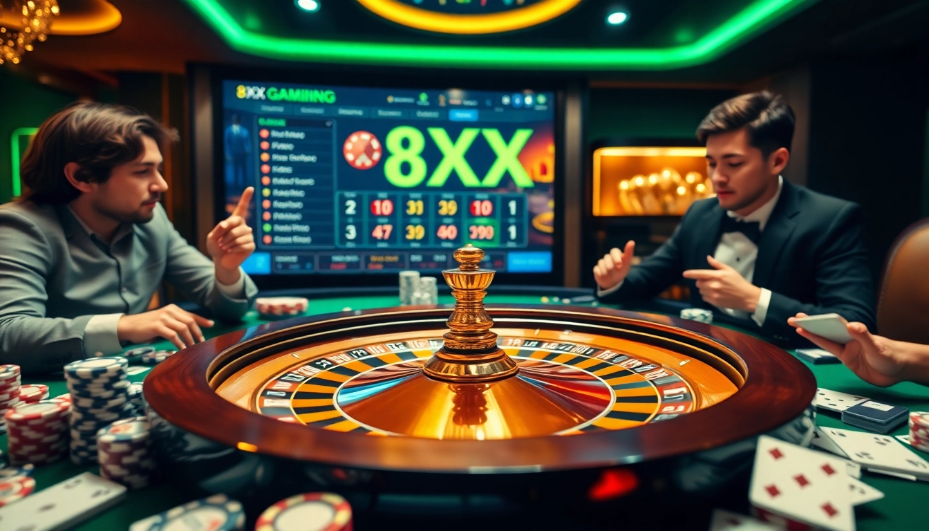 Gambling players engaged at a luxurious casino table displaying 8XX brand excitement and tension.