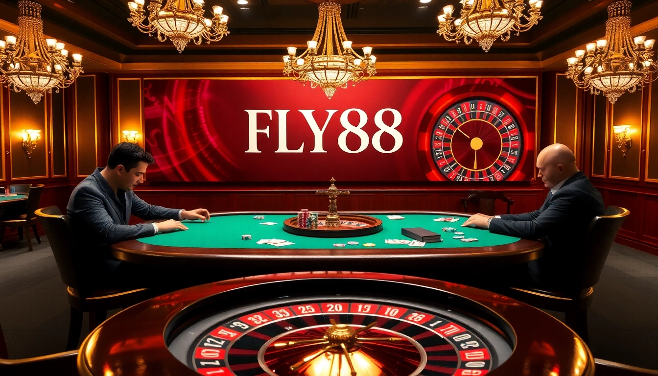 Engaging gamblers at a luxurious FLY88 poker table with vibrant chips and cards.