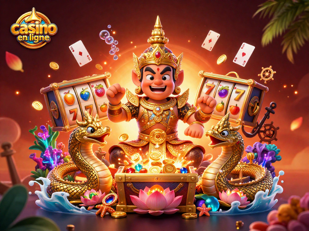 Profitez de l'ambiance dynamique d'un casino en ligne avec un gardien du temple et des éléments de jeu colorés.