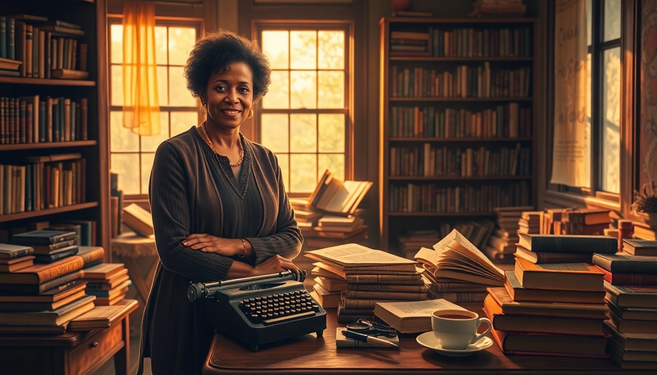 Dee Brown crafting literature at a wooden desk filled with manuscripts.