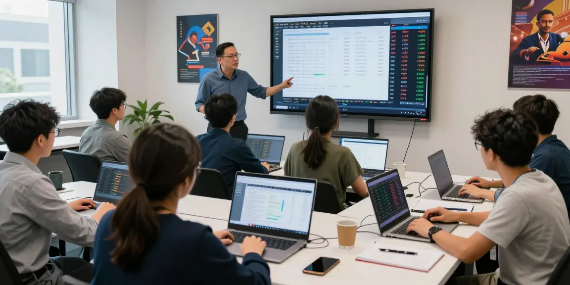 Engaged students in an online trading institute classroom analyzing stock market data.