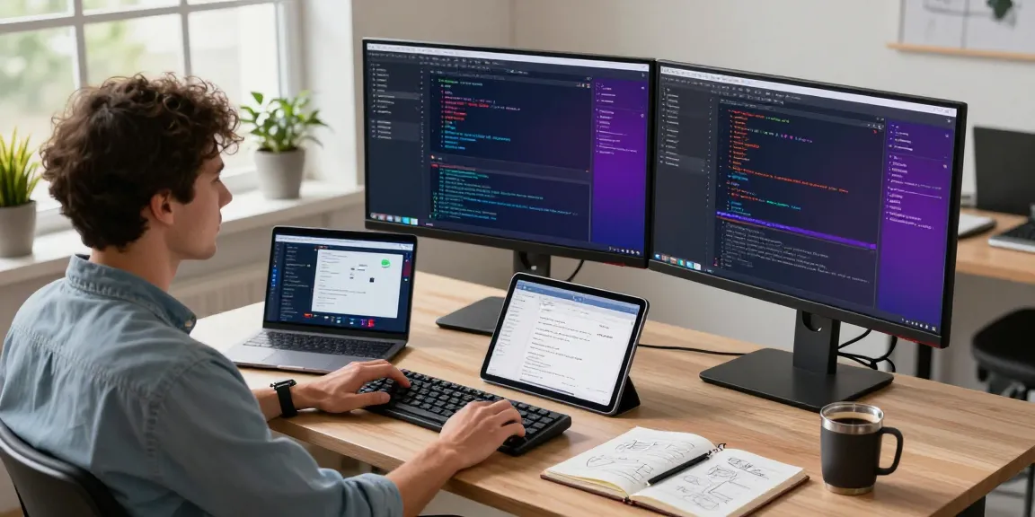 Efficient screenshot software download overview with a developer's workspace showcasing high-tech tools and vibrant coding.