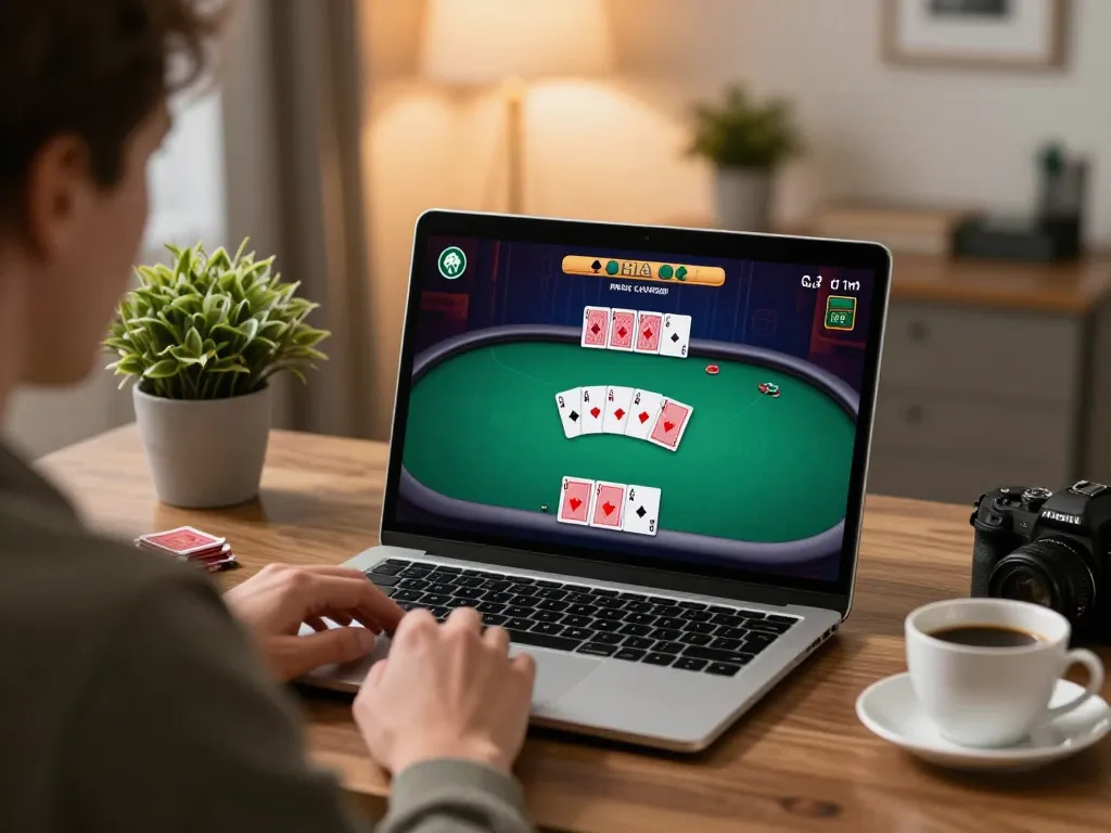 Player enjoying poker on kim99 while focused on gaming strategy in a cozy home office.