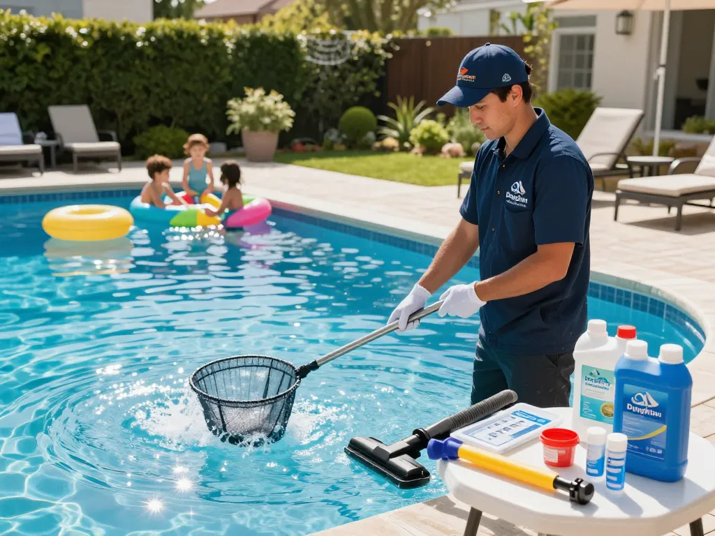 Dolphin Pool Services technician cleaning a sparkling pool with maintenance tools in a sunny backyard.