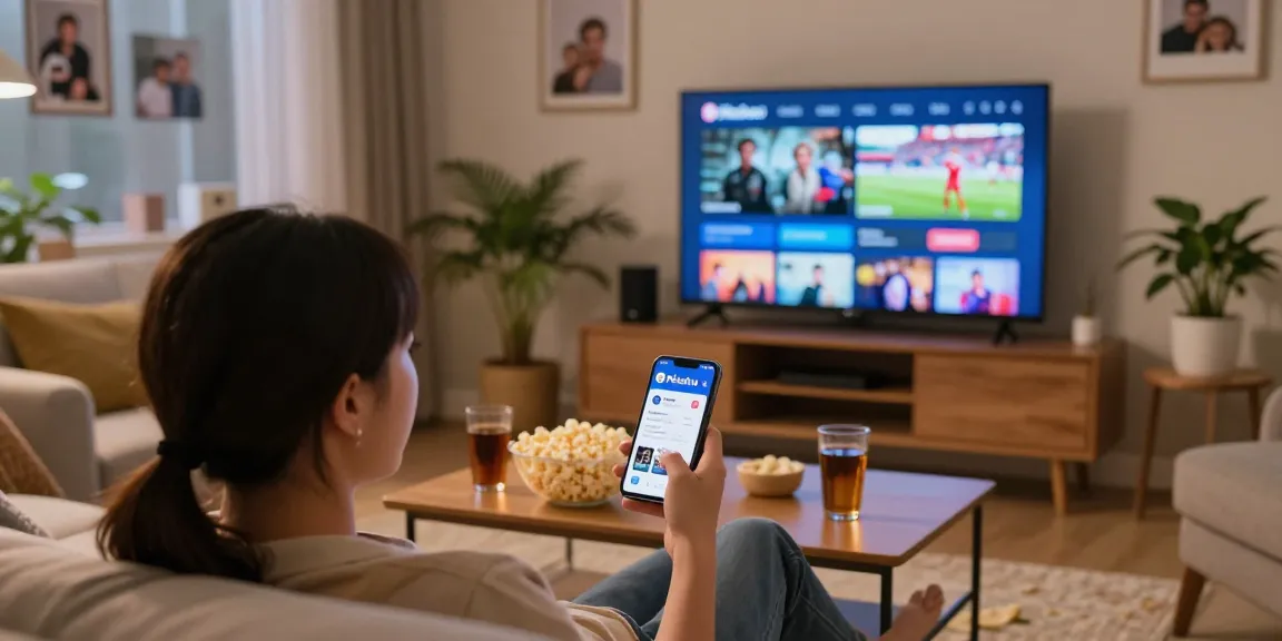Pikashow app user enjoying movie night on a cozy couch with a smartphone, showcasing vibrant streaming options.