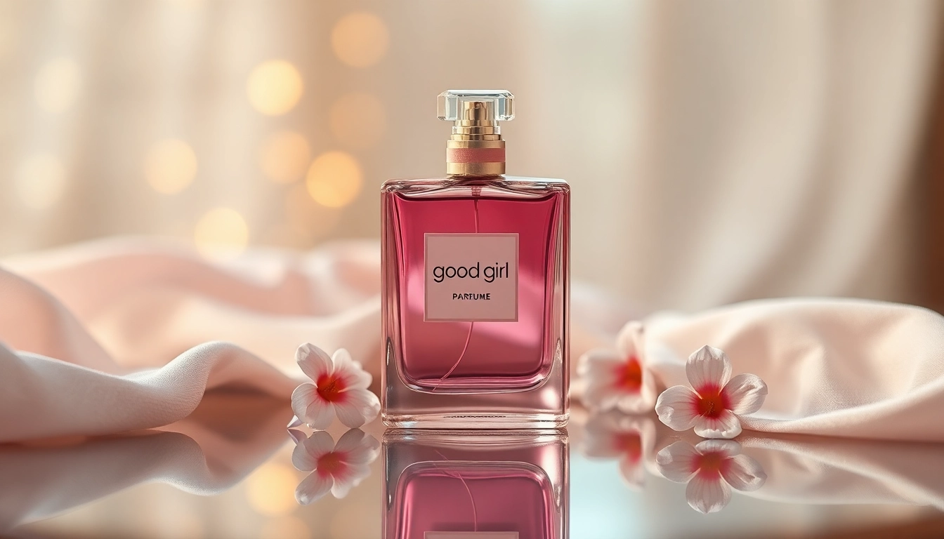 Elegant good girl perfume bottle on a mirrored surface with soft fabric accents.