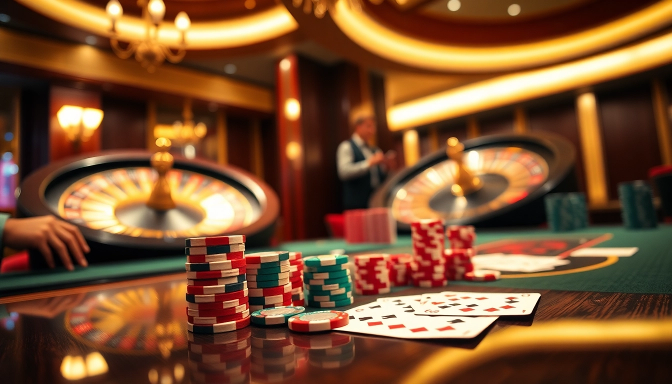 Experience the excitement of Dominoqiu with vibrant poker chips and cards at a luxurious casino table.