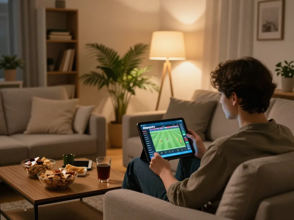 Person engaging with Okwintv on a tablet in a cozy home setting, enjoying online sports betting.