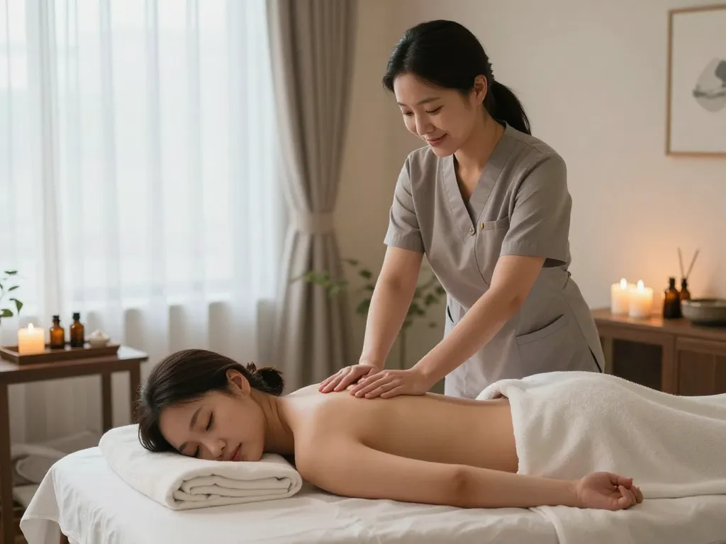 Revitalizing 삼성동마사지 session in a serene massage studio with calming decor.