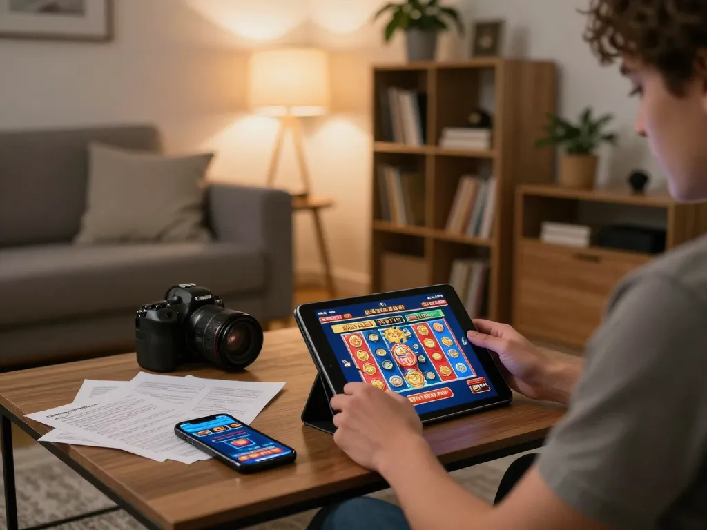 Person using a tablet for online gaming at 888top, showcasing a vibrant slots interface, strategy notes, and a calm atmosphere.
