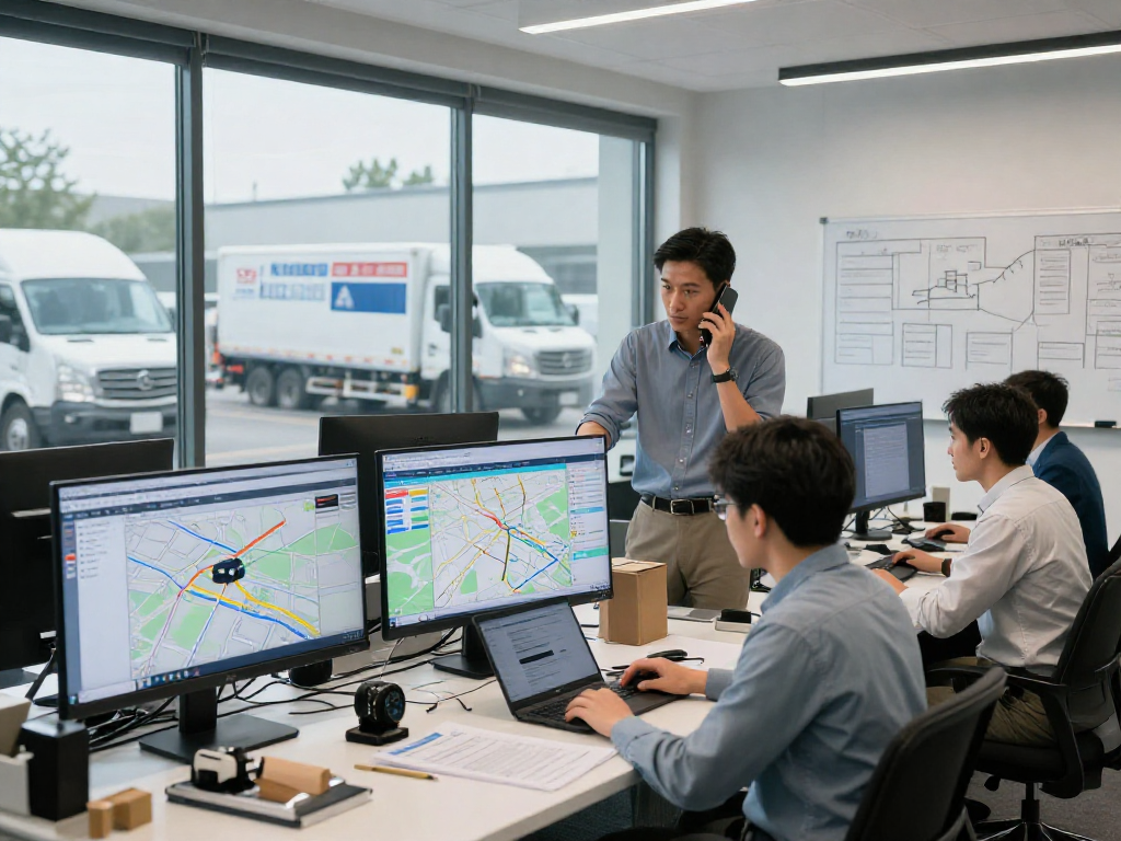 Eiltransport von Dortmund: Mitarbeiter in modernen Logistikbüro am Telefon und mit digitalen Karten für Transportkoordination.