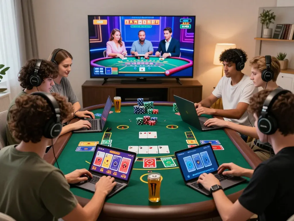 Engaged players enjoying baccarat사이트 in a cozy home gaming setup with vibrant digital elements.