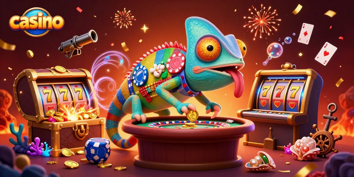 Engage in thrilling casino action with our vibrant 3D illustration featuring a chameleon owner.