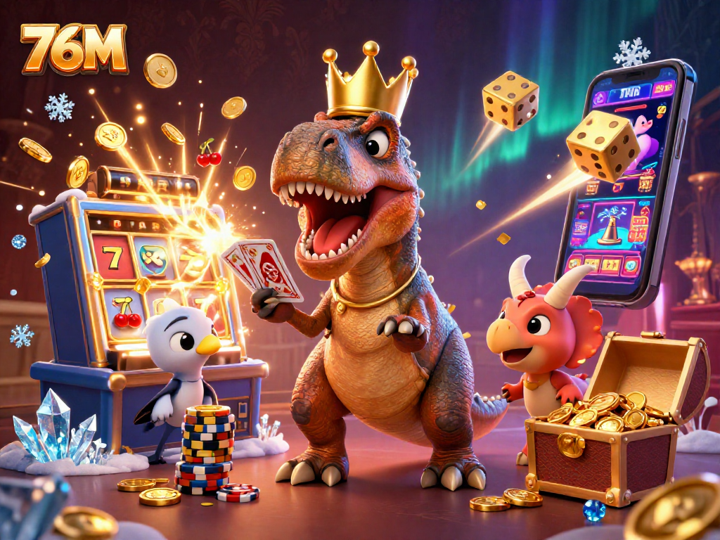 Aproveite a emoção dos jogos de cassino com 76M, representado por dinossauros em um cenário vibrante.