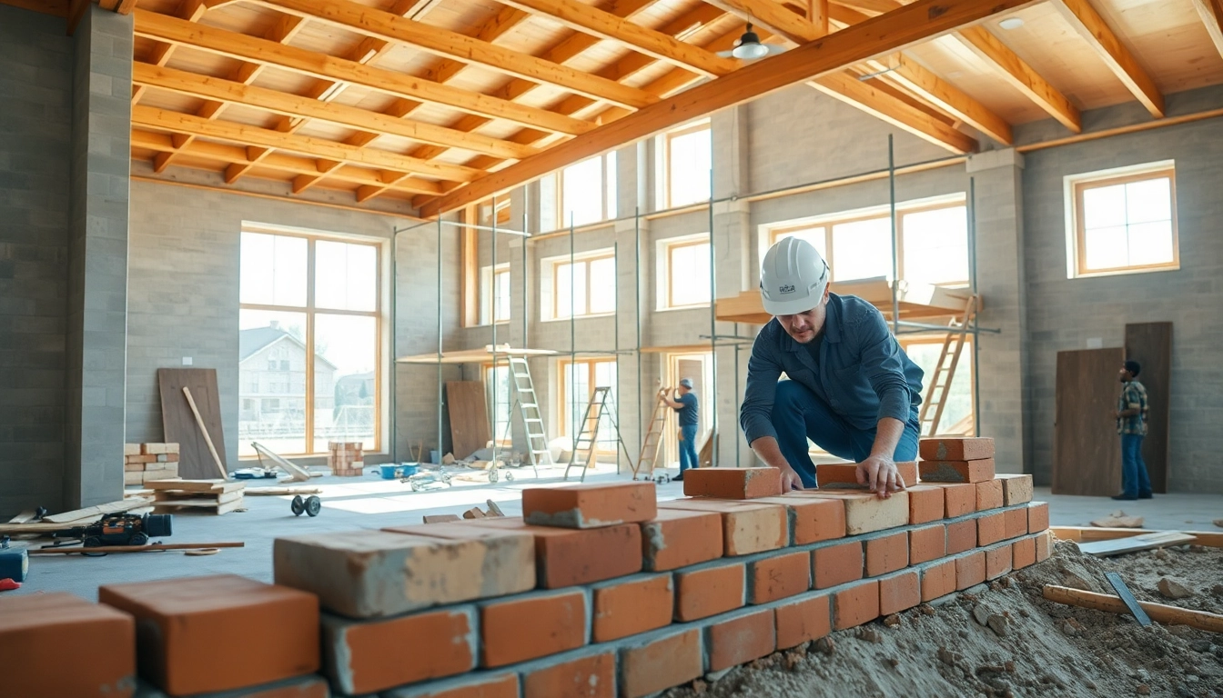 Find good builders near me working on a house construction project in a lively environment.