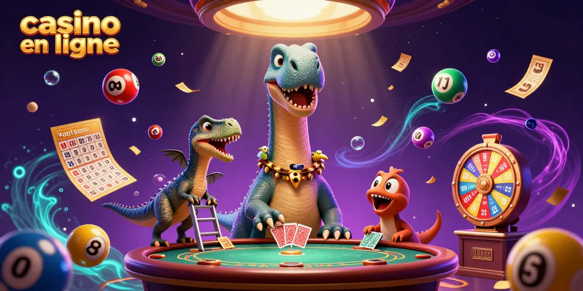 Illustration 3D de casino en ligne mettant en scène un brontosaure au plafond, des boules de loterie, un raptor.
