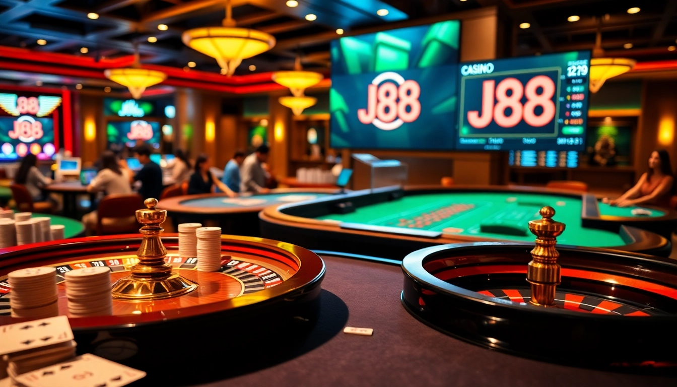 Experience the excitement at J88 casino with engaging game tables and vibrant betting activities.