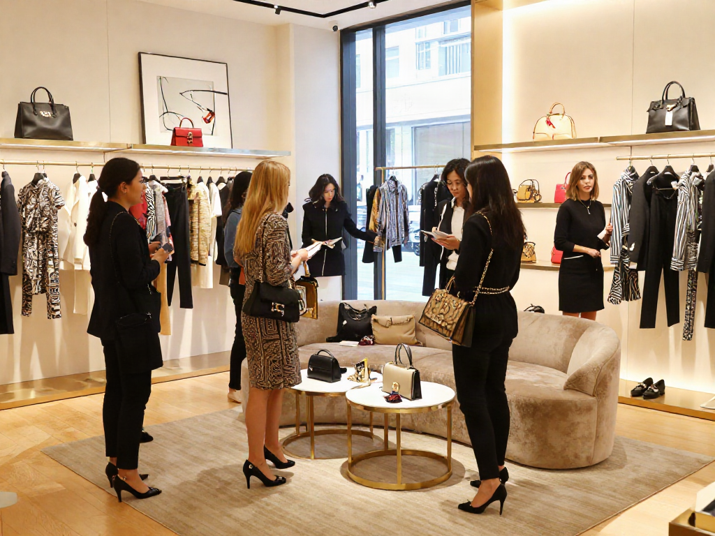 Suasana belanja mewah di butik fashion LUXURY111 dengan pengunjung elegan dan pencahayaan lembut.