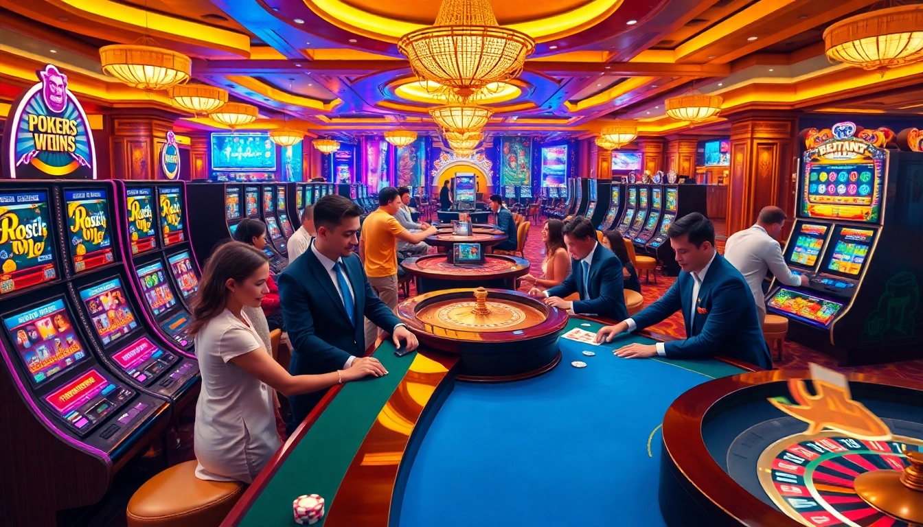 A thrilling casino atmosphere with players enjoying games at https://sn888app.com.br, highlighting vibrant tables and colorful slot machines.