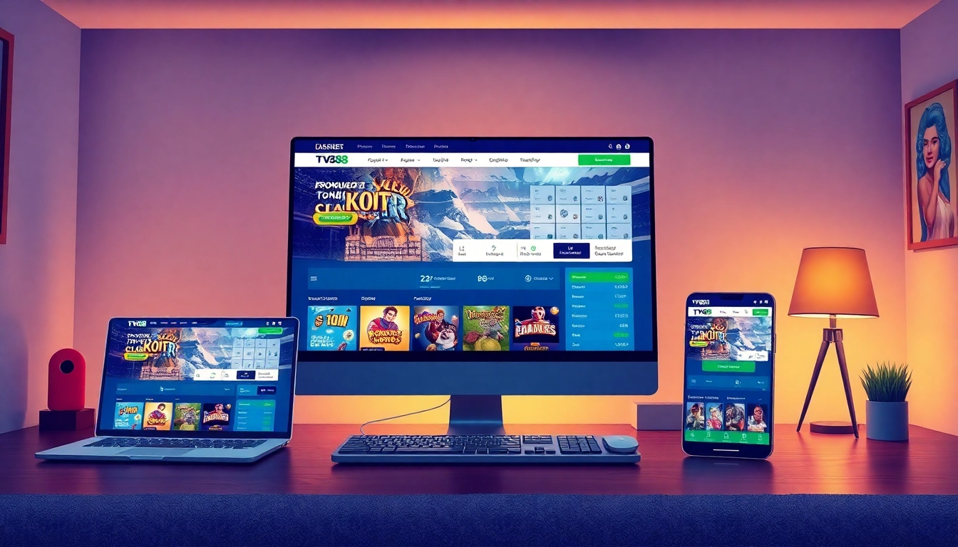 Interactive depiction of TV88 online betting platform's user-friendly interface on desktop and mobile devices.