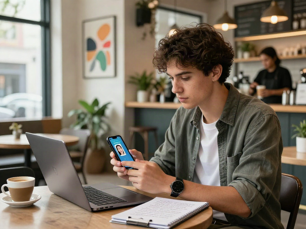 Young adult assessing their facial age using an AI tool at a cafe, exploring how old do I look.