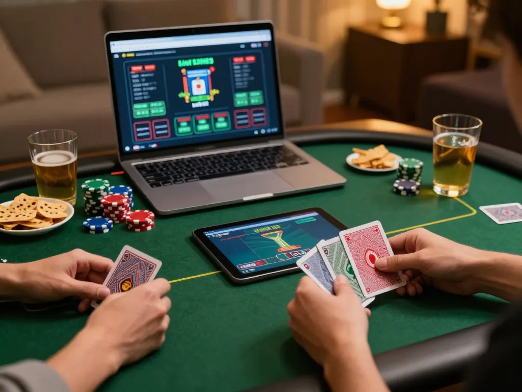 Engaging online poker gameplay using link 98win on a tablet, with snacks and drinks in a cozy setting.