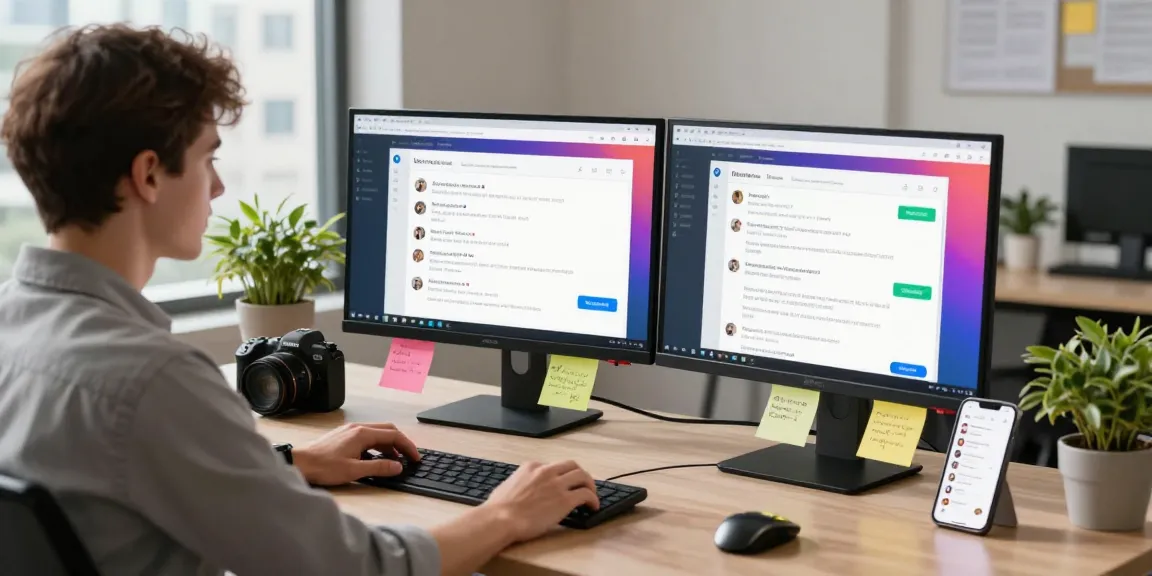 Explore the 纸飞机中文版 app in a modern workspace with a professional using dual monitors to communicate securely.