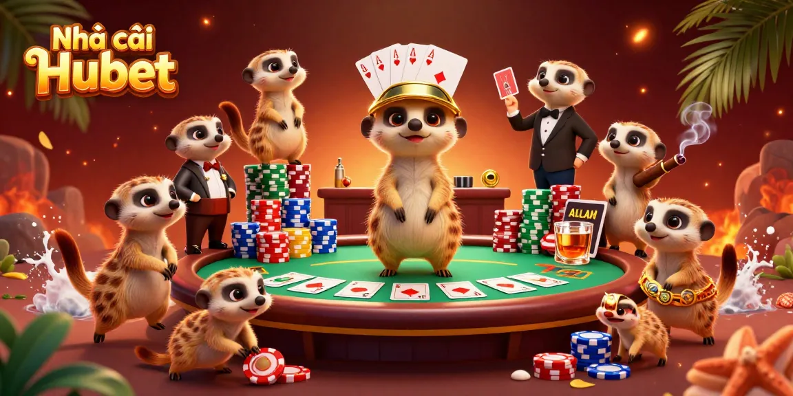 Engage in thrilling gaming with Nhà cái Hubet's vibrant and dynamic casino illustration featuring meerkats and card games.