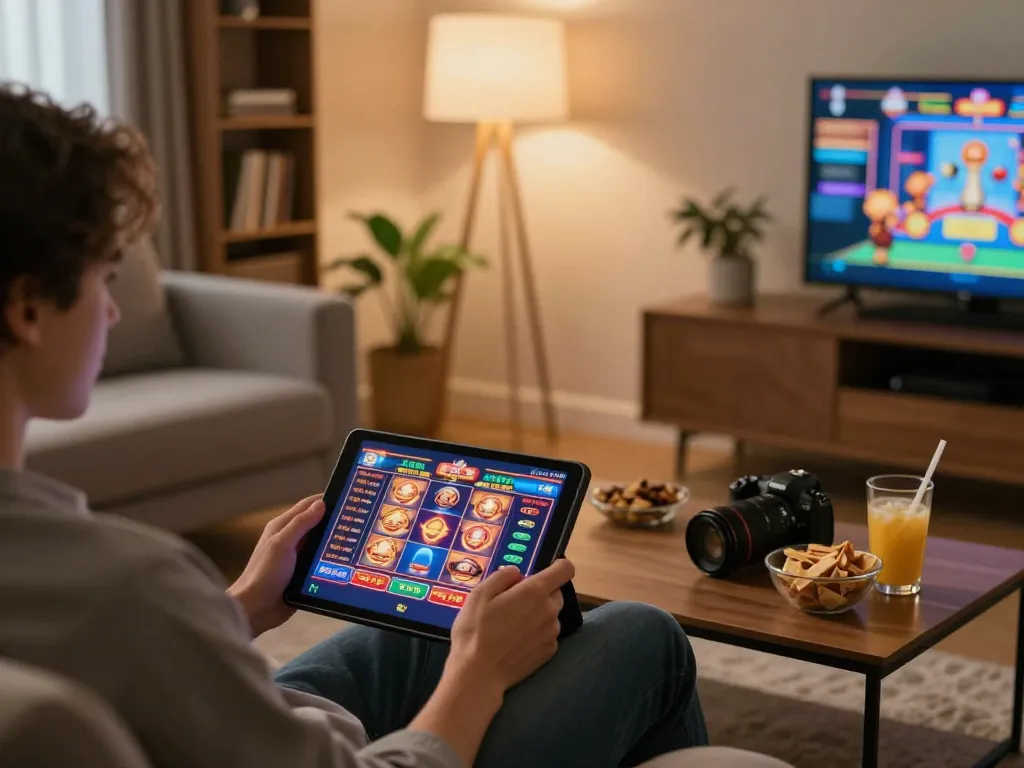 Engaged player using TG88 tablet for online casino games in a cozy living space.