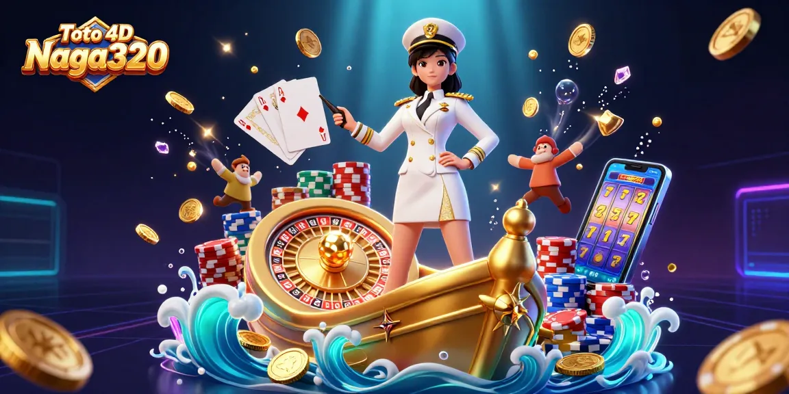 Toto 4D Naga320 showcases vibrant casino elements in a dynamic 3D illustration, blending charm and excitement.