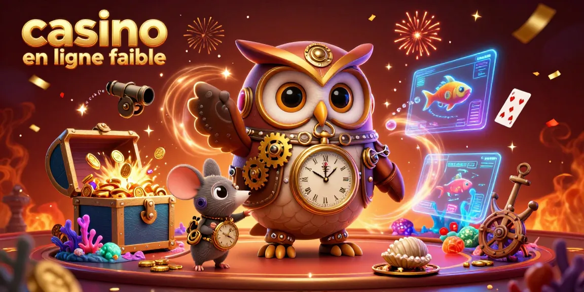 Découvrez une scène dynamique illustrant un casino en ligne fiable, avec un hibou voyageur et des éléments de jeu éblouissants.